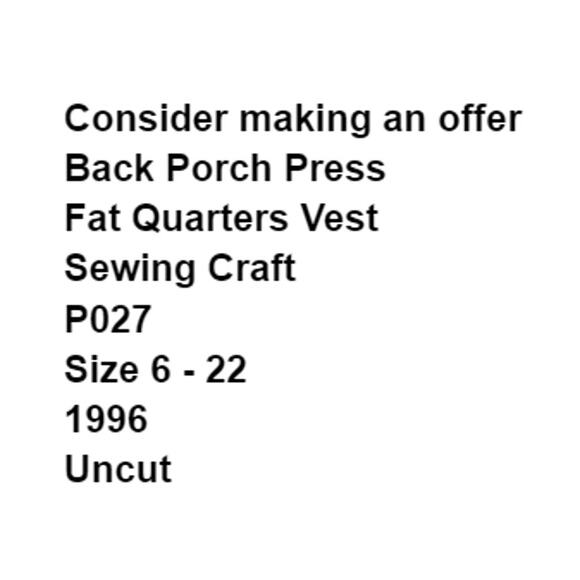 Back Porch Press P027 Pattern Fat Quarters Vest 1996 Vintage Sewing Craft - Picture 3 of 6